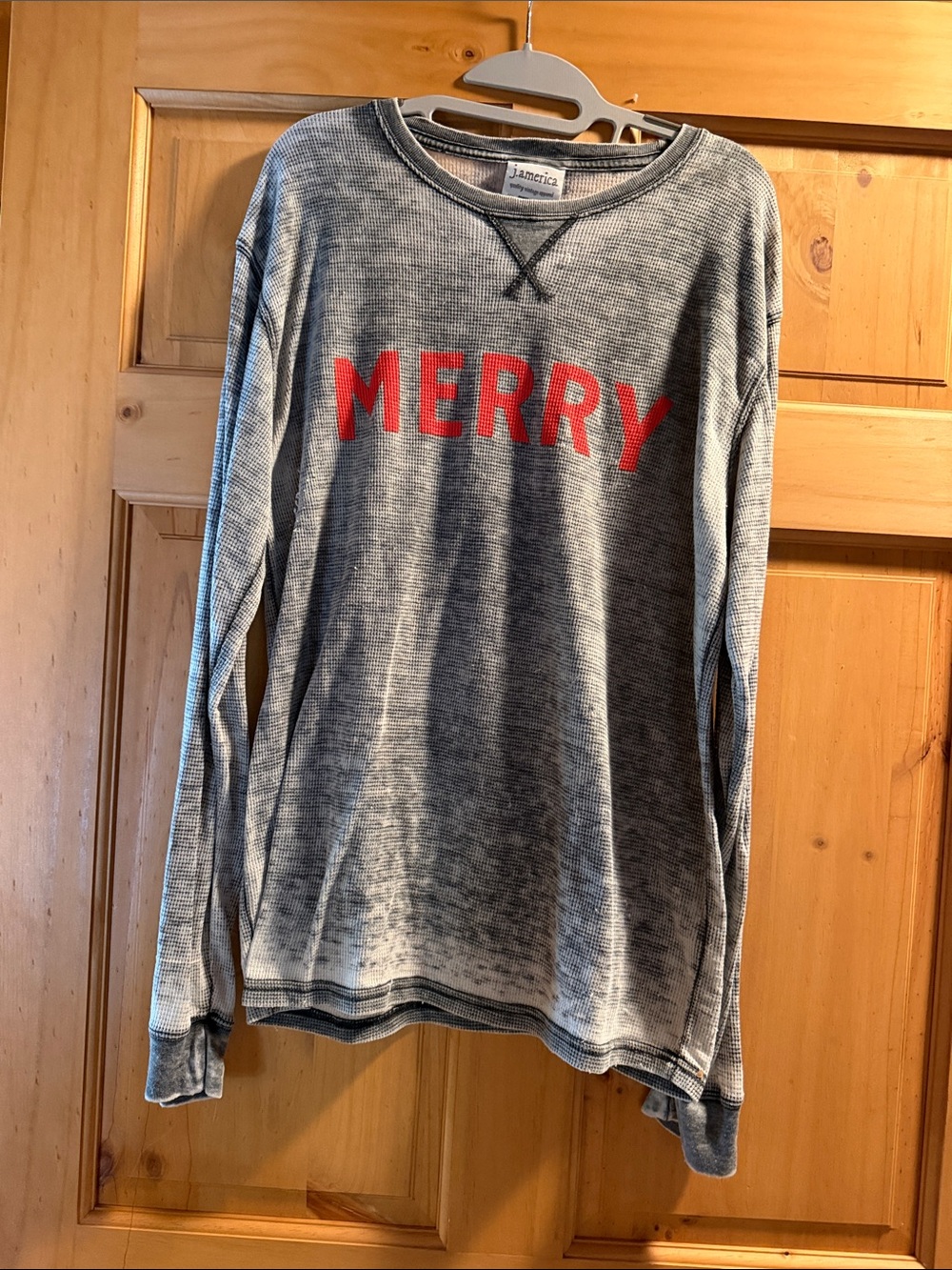 Washed Gray 'Merry' Crewneck Sweater - Red Logo